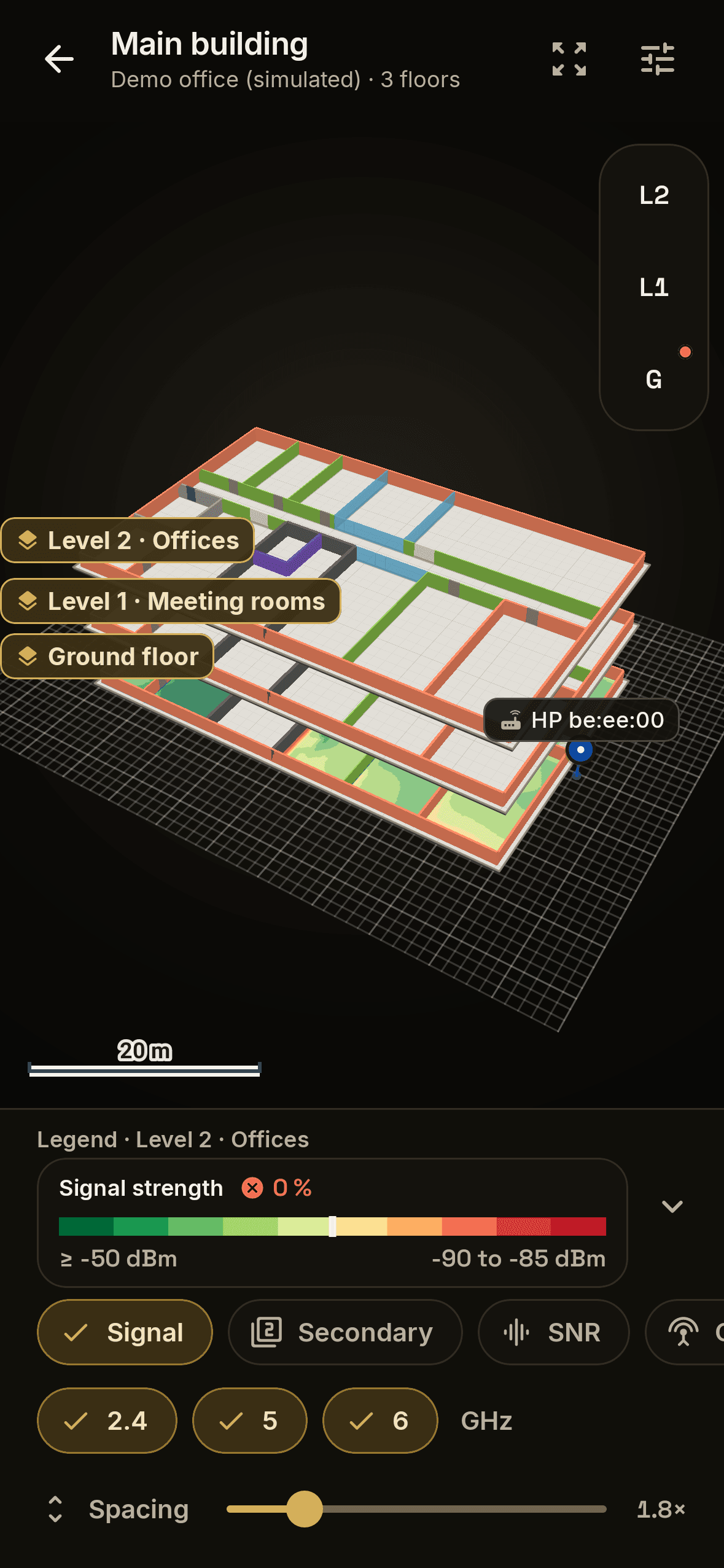 A 3D view of a three-floor building survey